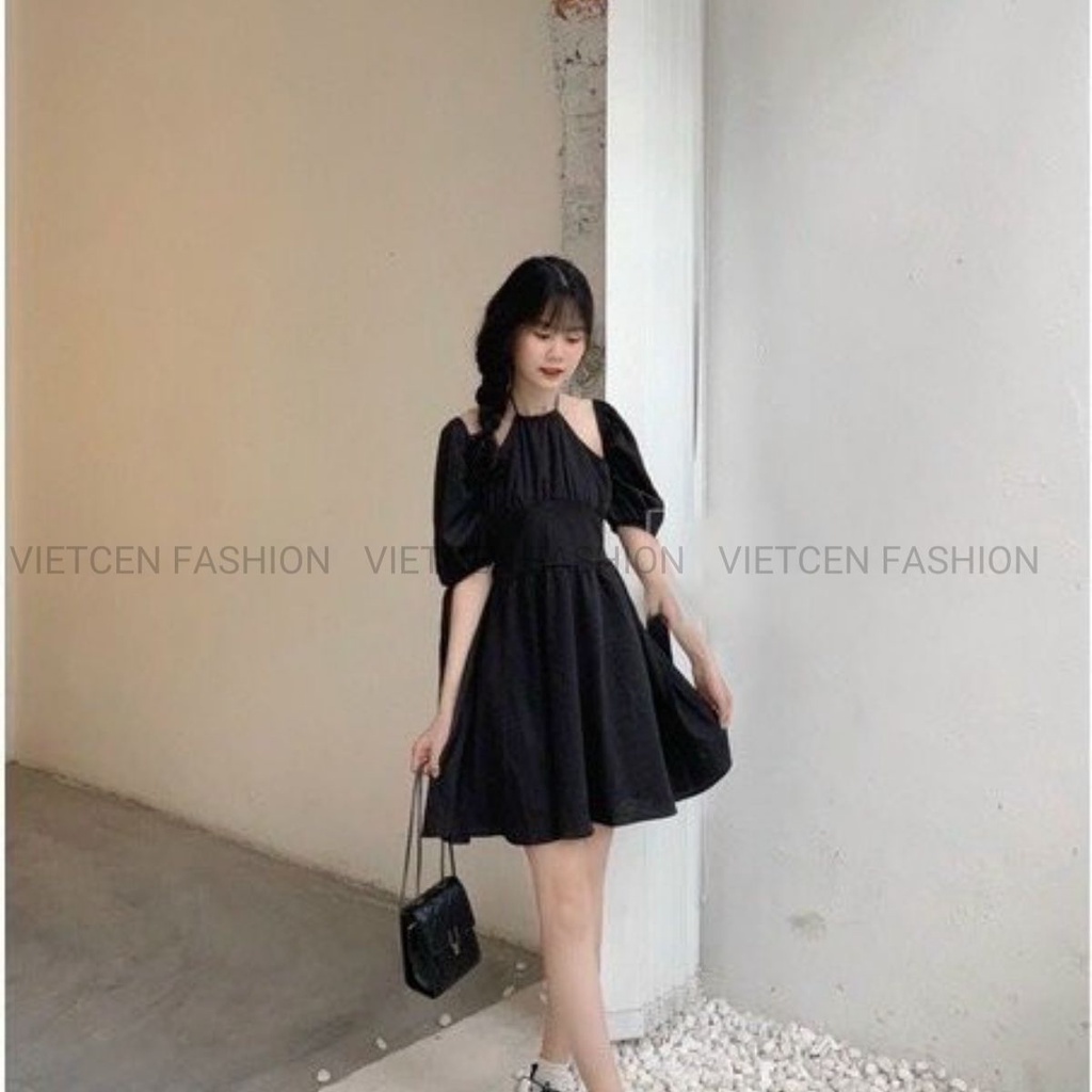 Váy Cổ Yếm Nữ Dáng Xòe Đầm Trễ Vai Tiểu Thư Vintage 2 Màu Đen TrắngUlzzang Dễ Thương  - VIETCEN