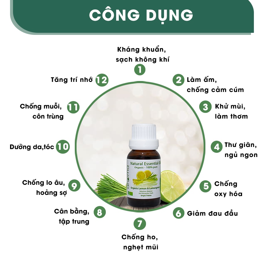 Tinh dầu Chanh Sả Chanh Aroma thơm phòng, sạch không khí, tươi mát, đuổi muỗi 10ml