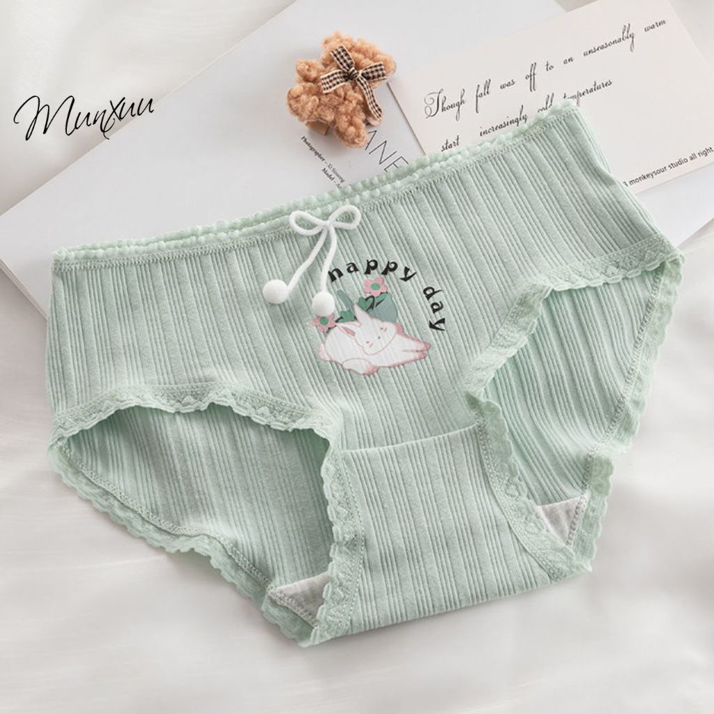 Quần lót nữ MUNXUU vải cotton co dãn mềm mịn, họa tiết thỏ dễ thương phối viền ren ngọt ngào nữ tính - QC119