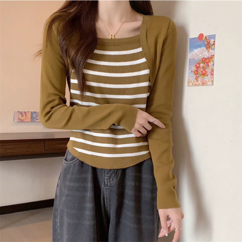 Áo Thun Dài Tay Giả Hai Lớp Họa Tiết Sọc Ngang Thời Trang Dành Cho Nữ