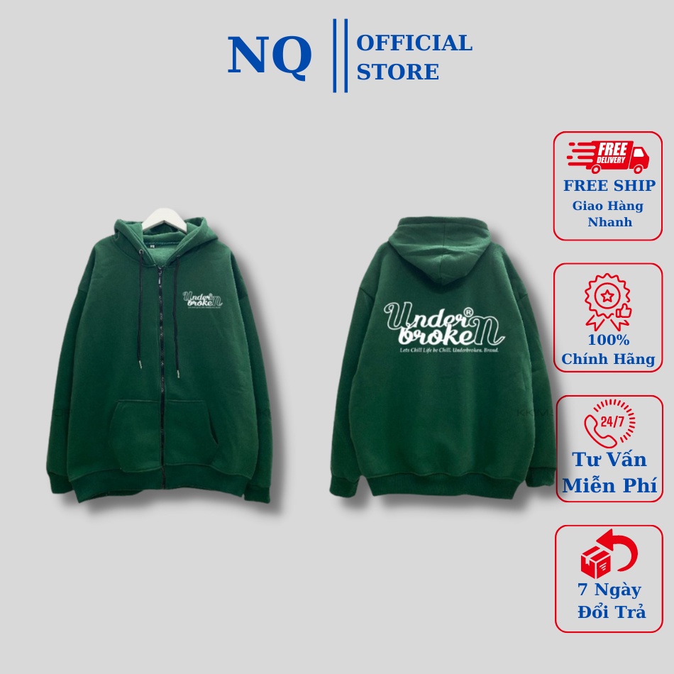 áo khoác nỉ hoodie có khóa form rộng nam nữ unisex có khóa họa tiết in chữ UNDER.BROKEN . chất đẹp giá xưởng