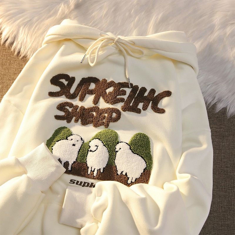 Áo Hoodie Lông Cừu Thêu Họa Tiết Dễ Thương Phong Cách Retro