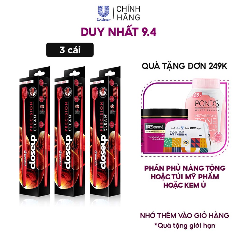 Combo 3 Bàn chải đánh răng Close Up Precision Clean - thiết kế gấp 3X lượng lông chải siêu mềm mảnh chải sạch hiệu quả