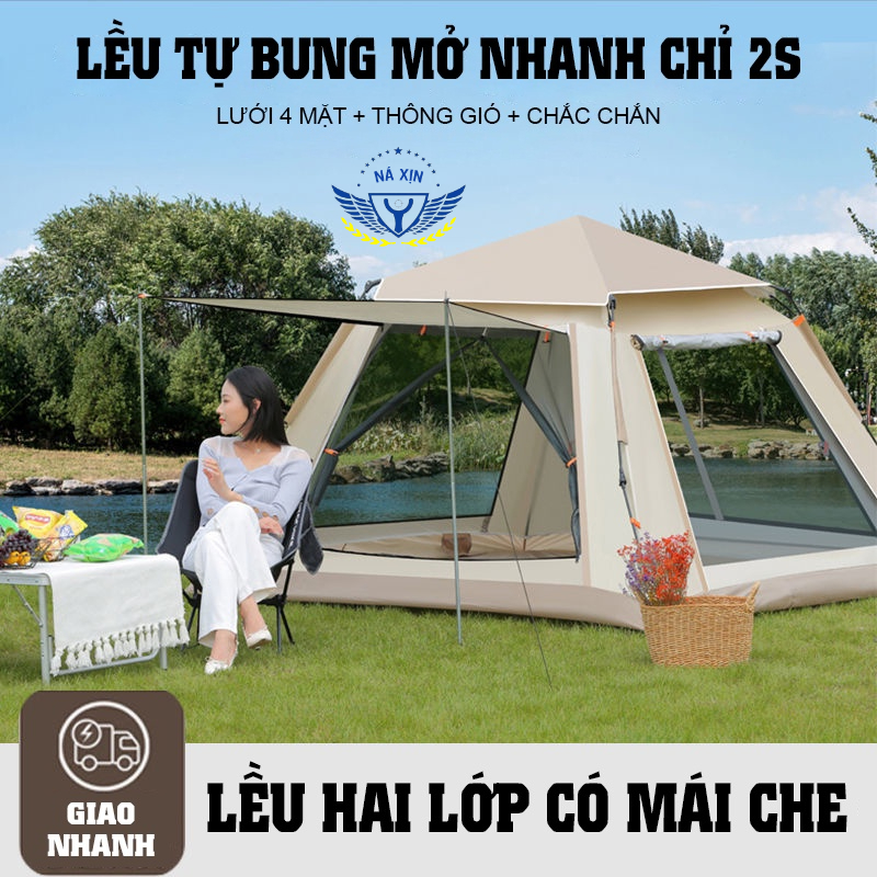 Lều dã ngoại tự bung 4-6 người chống nước, chống tia tử ngoại KT 2m4x2m4 - Lều cắm trại du lịch cao cấp [DCP8]