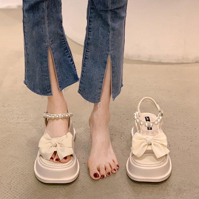 Xăng Đan Đính Nơ Ngọc Trai Đen / Be Thời Trang Mùa Hè Cá Tính