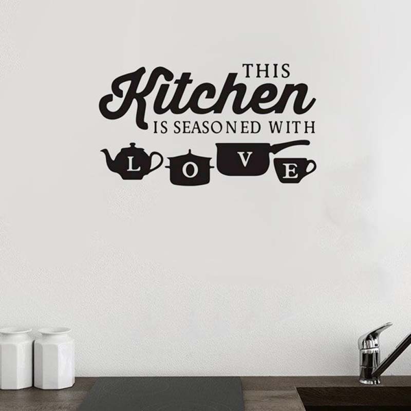 Miếng dán tường trang trí in chữ &quot;Seasoned with Love&quot; chống thấm nước có thể tháo gỡ cho nhà bếp