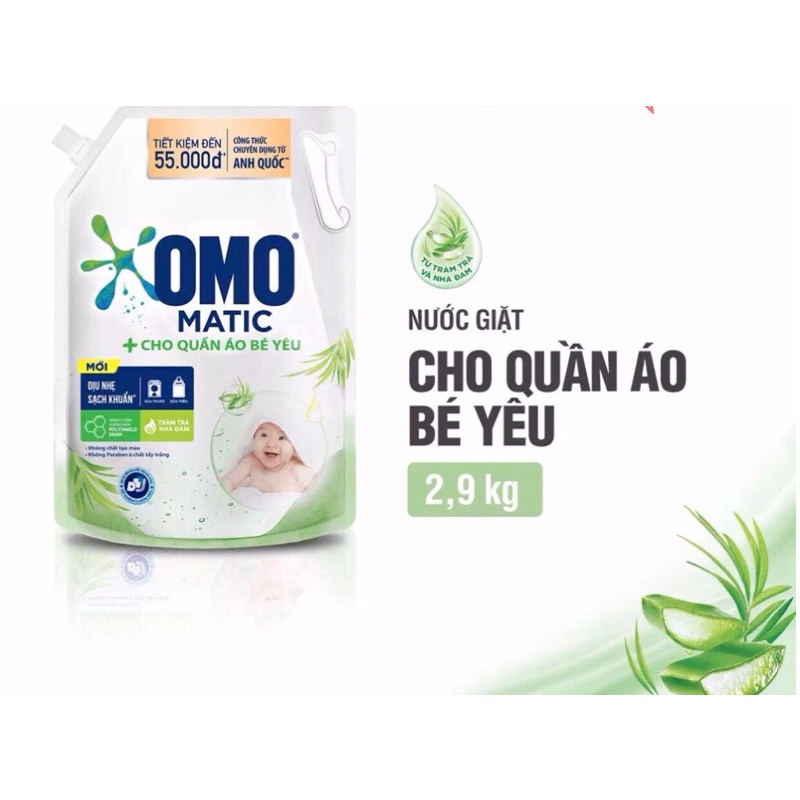 NƯỚC GIẶT OMO MATIC TRÀM TRÀ NHA ĐAM 2,9KG CHO QUẦN ÁO BÉ YÊU