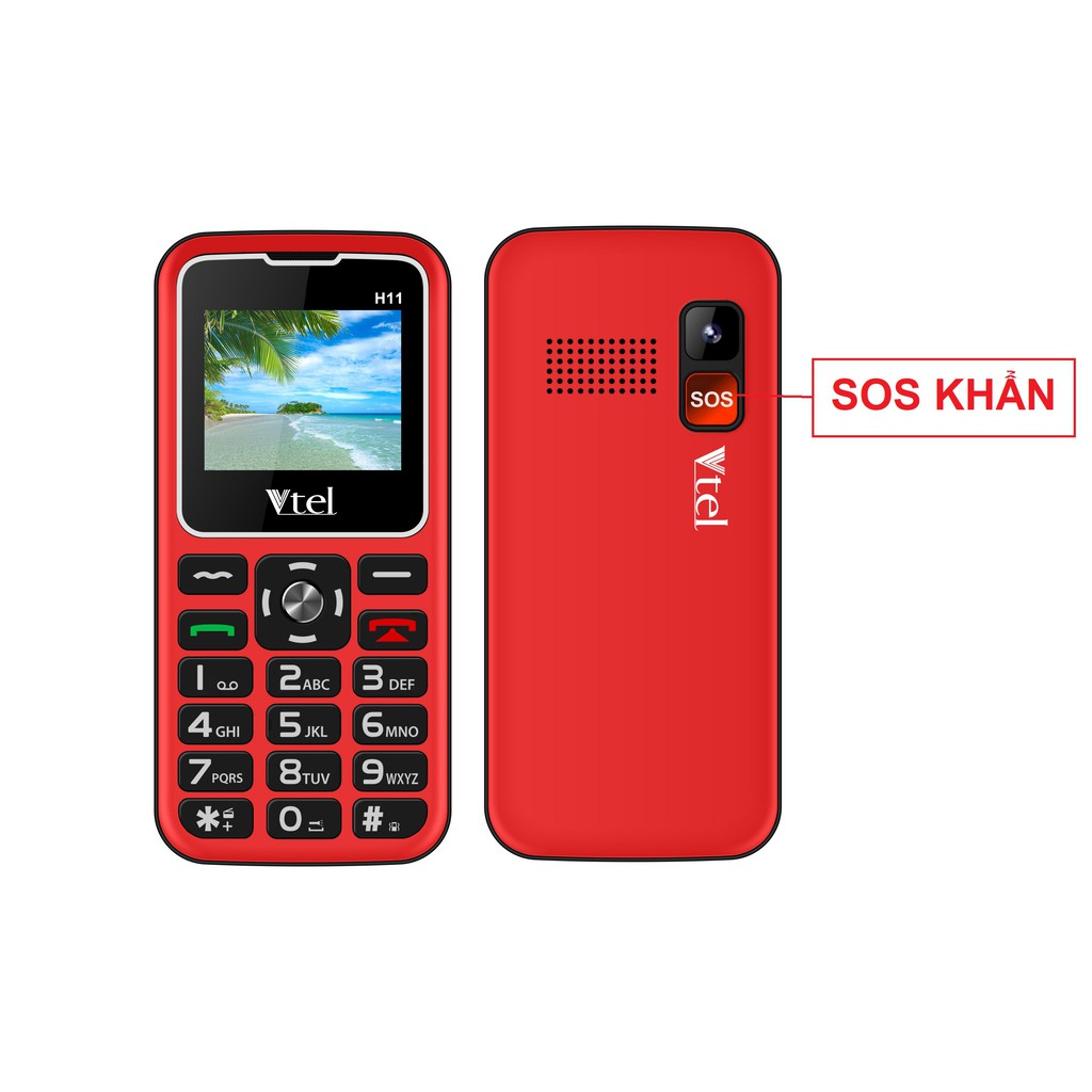 Điện thoại Người Già Vtel H11, 2 Sim, Gọi SOS khẩn, Số To, Chữ To, Loa to, FM loa ngoài, Pin lớn - Bảo hành 12 tháng, Đỏ