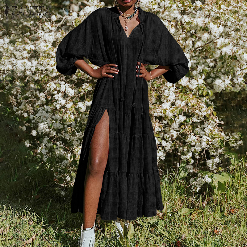 Đầm Maxi ZANZEA Cổ Chữ V Tay Phồng Xẻ Tà | BigBuy360 - bigbuy360.vn