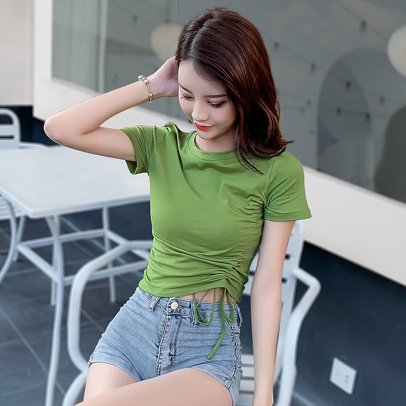 Áo Croptop Tay Ngắn Cổ Chữ V Lưng Cao Phối Dây Rút Thời Trang Quyến Rũ Cho Nữ