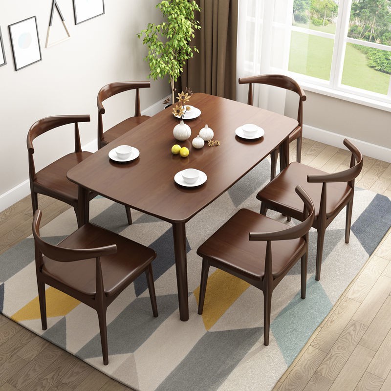 Bộ bàn ghế ăn bắc âu kết hợp gỗ nguyên khối hình chữ nhật đơn giản hiện đại gia đình nhà chung cư nhỏ tiết kiệm