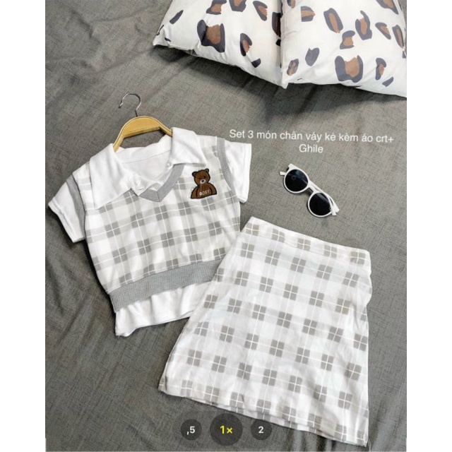 Set áo gile gấu teddy phối chân váy dễ thương