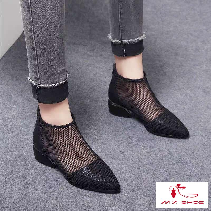 M & X ~  Giày Bốt Cao Gót Mũi Nhọn Gót Dày Bằng Da Mềm Phối Lưới Rỗng Thoáng Khí Thoải Mái Phong Cách Mới Cho Nữ
