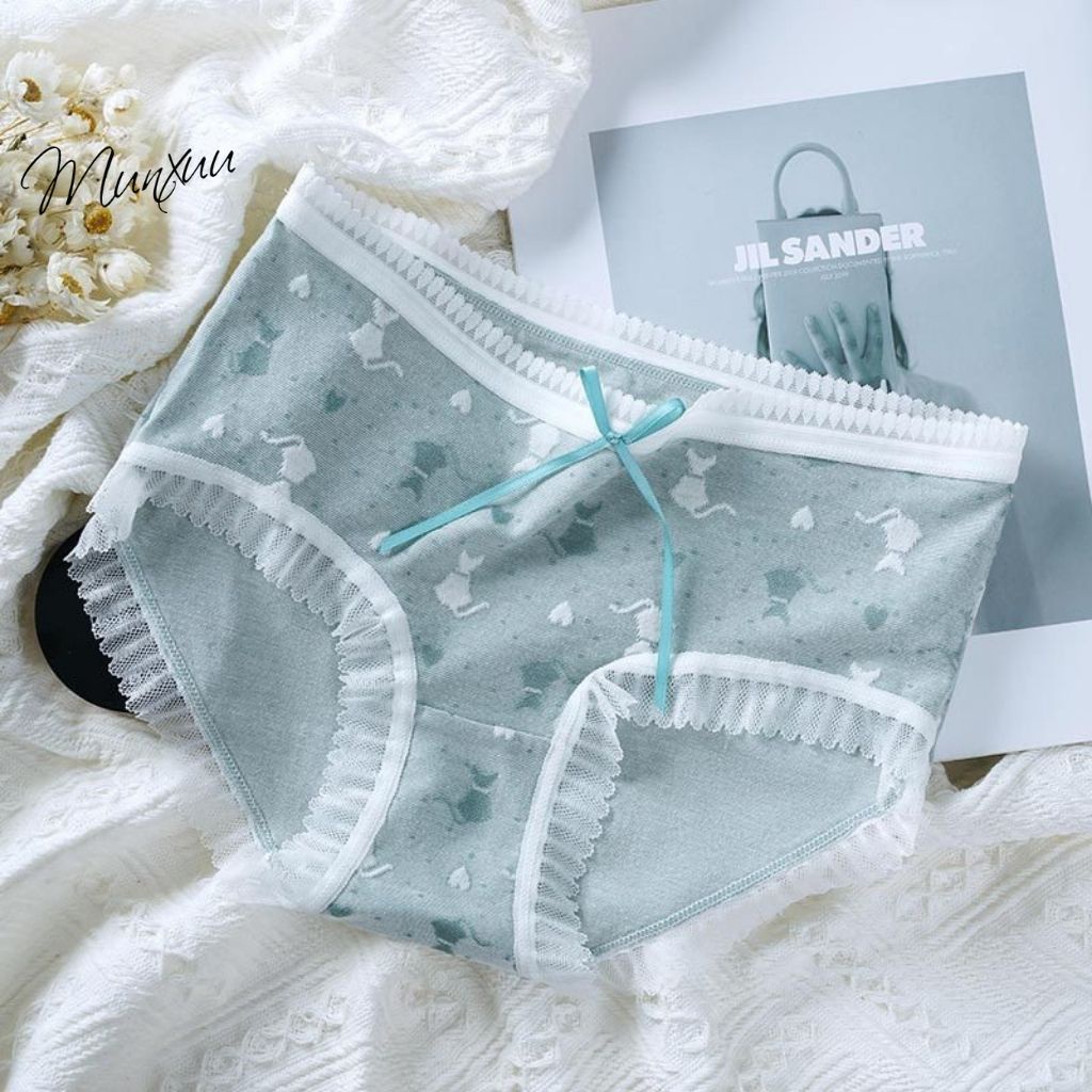 Quần lót Cotton cao cấp phối ren MUNXUU họa tiết mèo thương, gam màu pastel ngọt ngào - QC85