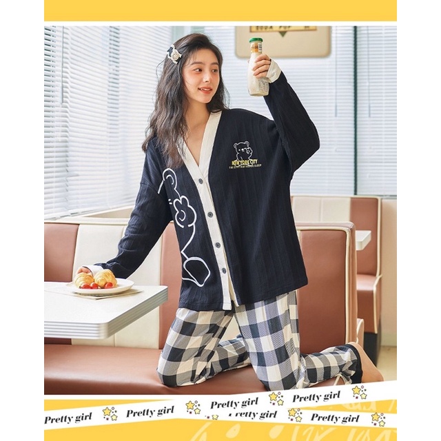 Đồ bộ đồ ngủ pyjama dài tay 100% cotton phong cách Hàn Quốc nhí nhảnh xinh xắn dễ thương chất vải siêu mềm mịn | BigBuy360 - bigbuy360.vn