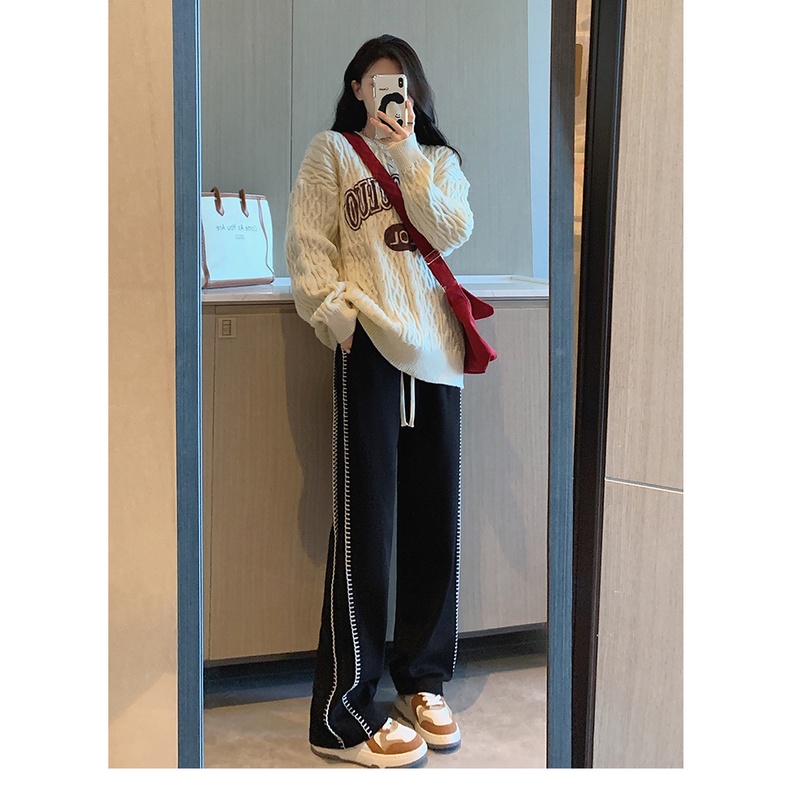 Quần dài ZHELIHANGFEI ống rộng lưng cao phối nơ phong cách Hàn Quốc