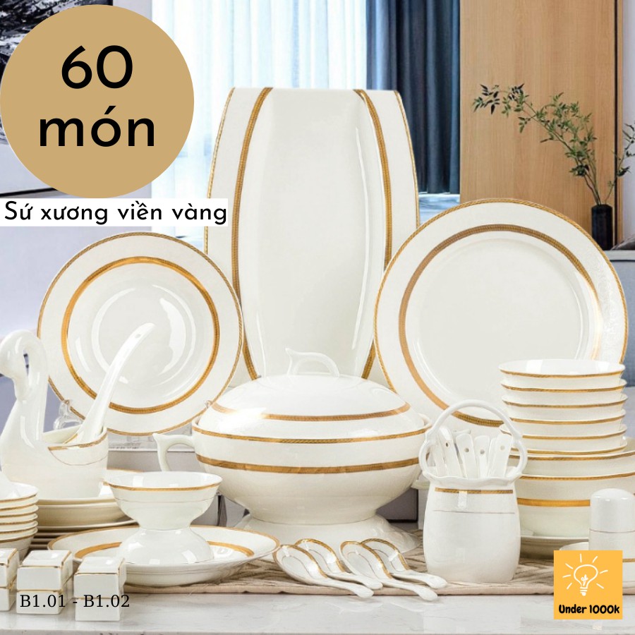 Bộ bát đĩa sứ xương cao cấp 60 món màu trắng viền vàng – phụ kiện bàn ăn sang trọng
