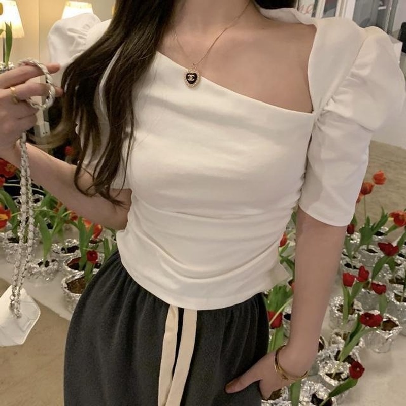 Áo Thun Tay Ngắn Màu Xanh Dương Thiết Kế Không Đồng Đều Cao Cấp Thời Trang