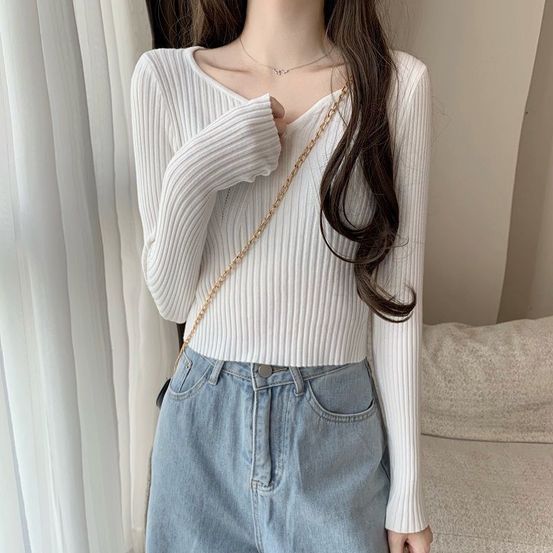 Áo len dài tay cổ chữ V thiết kế dáng ôm thời trang thu đông cho nữ