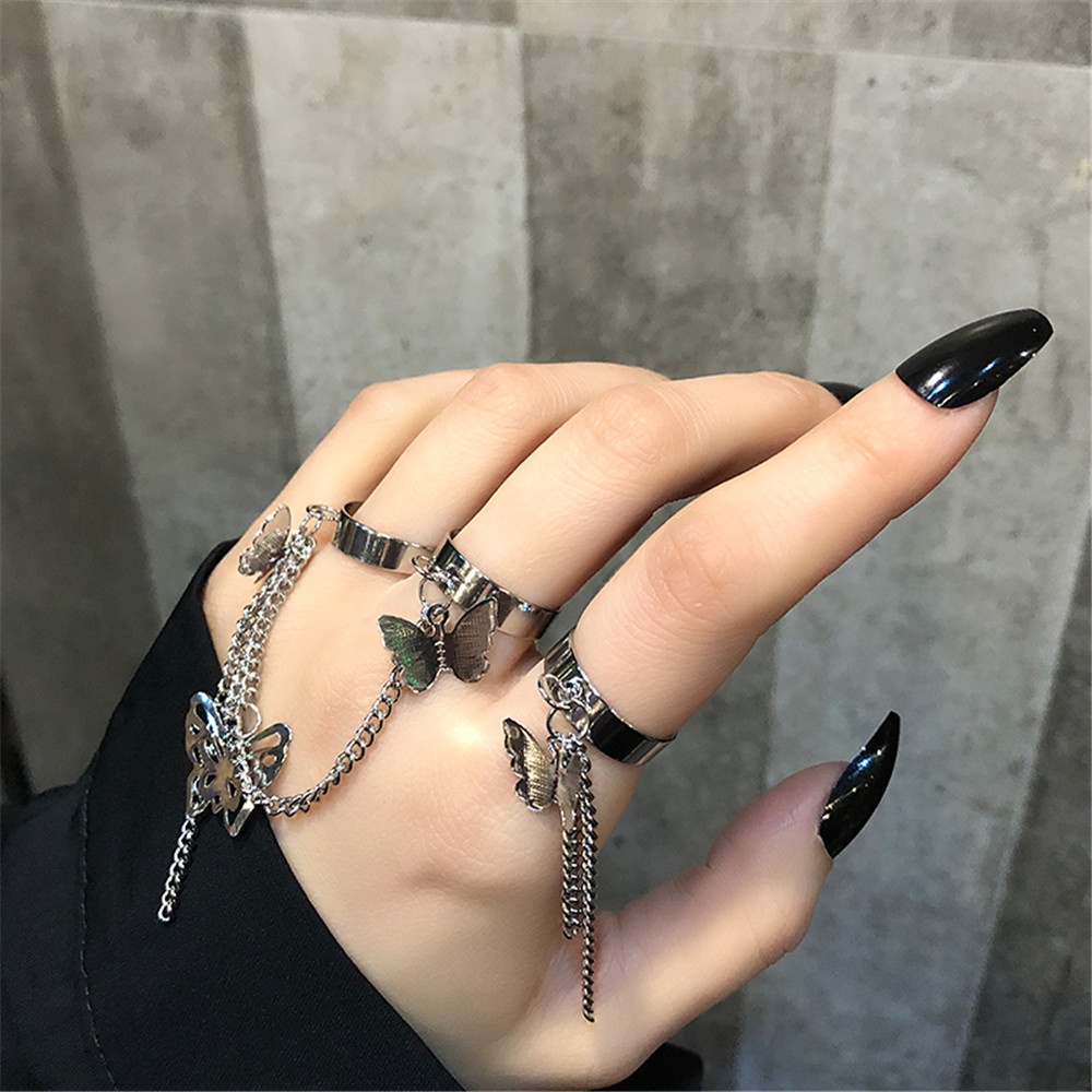 Set 2 Nhẫn Dạng Mở Hình Bướm Phối Dây Xích Có Thể Điều Chỉnh Phong Cách Cổ Điển Cho Nam Và Nữ