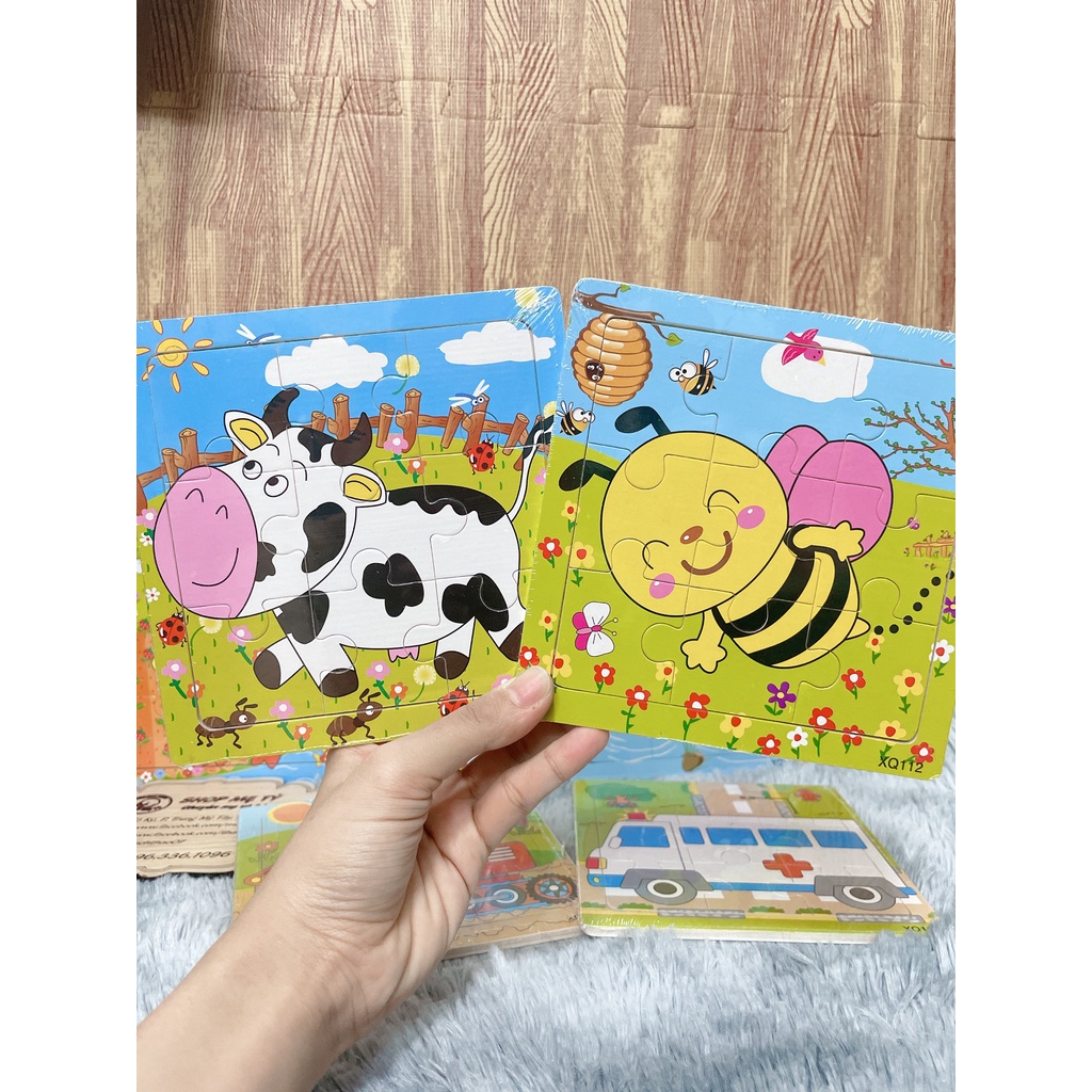 Đồ chơi xếp hình, tranh ghép gỗ 9 mảnh ngộ nghĩnh Loại Dày To kt: 15*15cm