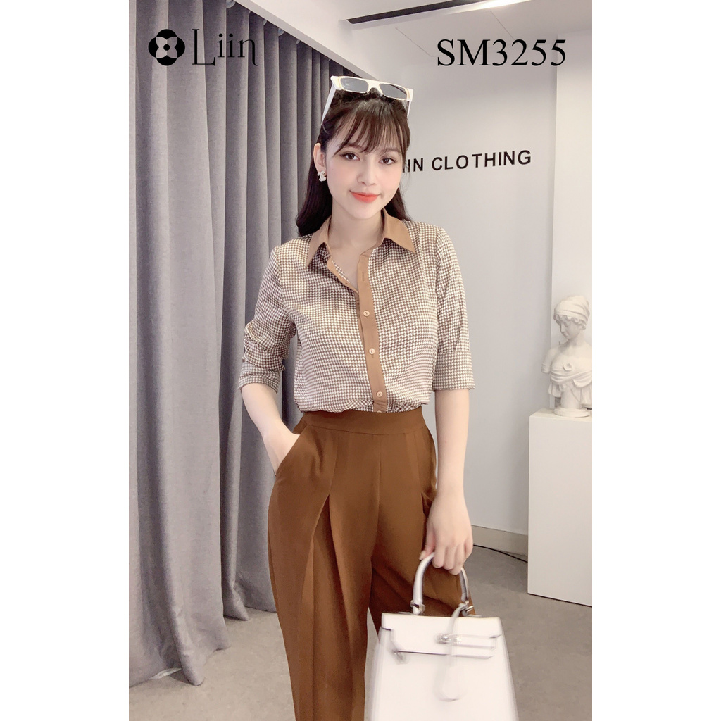 Áo Sơ Mi nữ cao cấp hoạ tiết Răng Sói Nâu kiểu dáng thanh lịch Liin Clothing SM3255