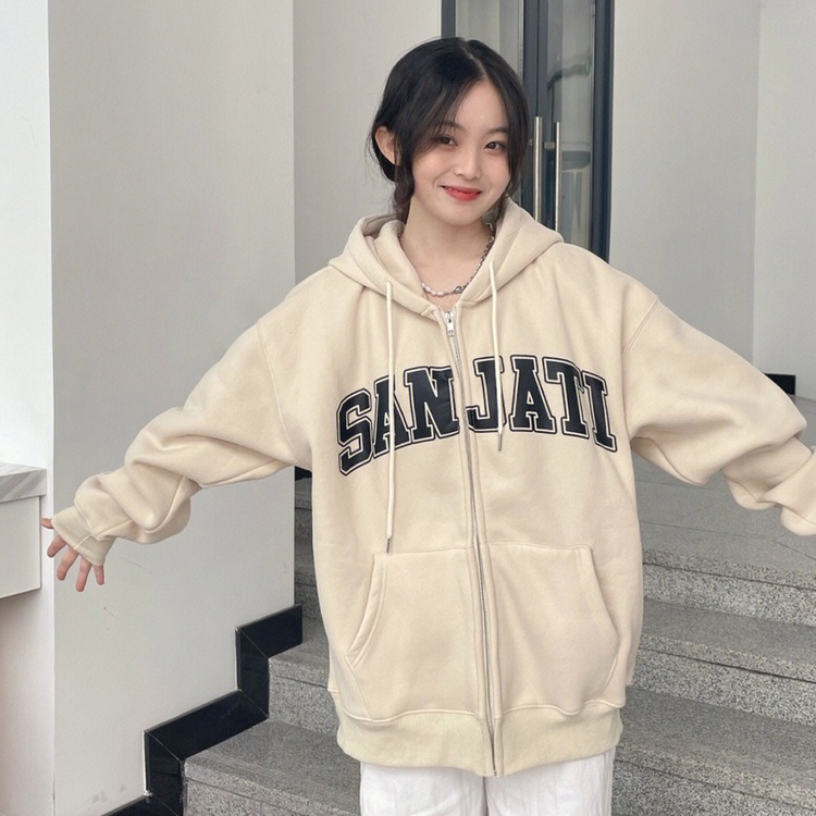 ZHELIHANGFEI Áo len trùm đầu khóa kéo dài tay áo T - kiểu dáng trường đại học áo sơ mi lỏng lẻo - phù hợp