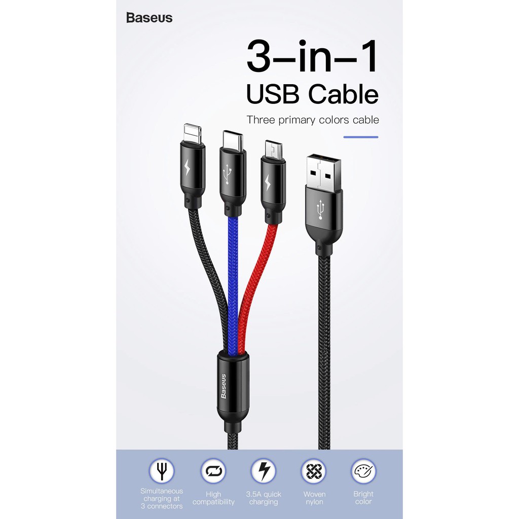 Dây sạc đa năng Baseus 3 đầu three primary colors tích hợp 3 kết nối Lighting,Type-C,Micro sạc iphone,andorid