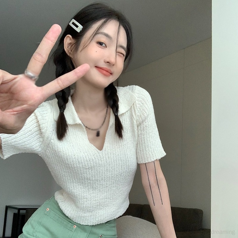 Áo Croptop Màu Trơn Cổ Bẻ Thời Trang Mùa Hè Cho Nữ