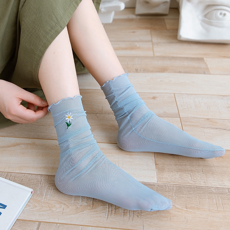 Flowers Embroidery Fishnet Tulle Socks Girls Spring Summer New Candy Color Daisy Mesh Transparent Thin Ruffles Nylon Female Sox