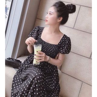 [Rẻ vô địch] Đầm tay phồng nhún thân chấm bi