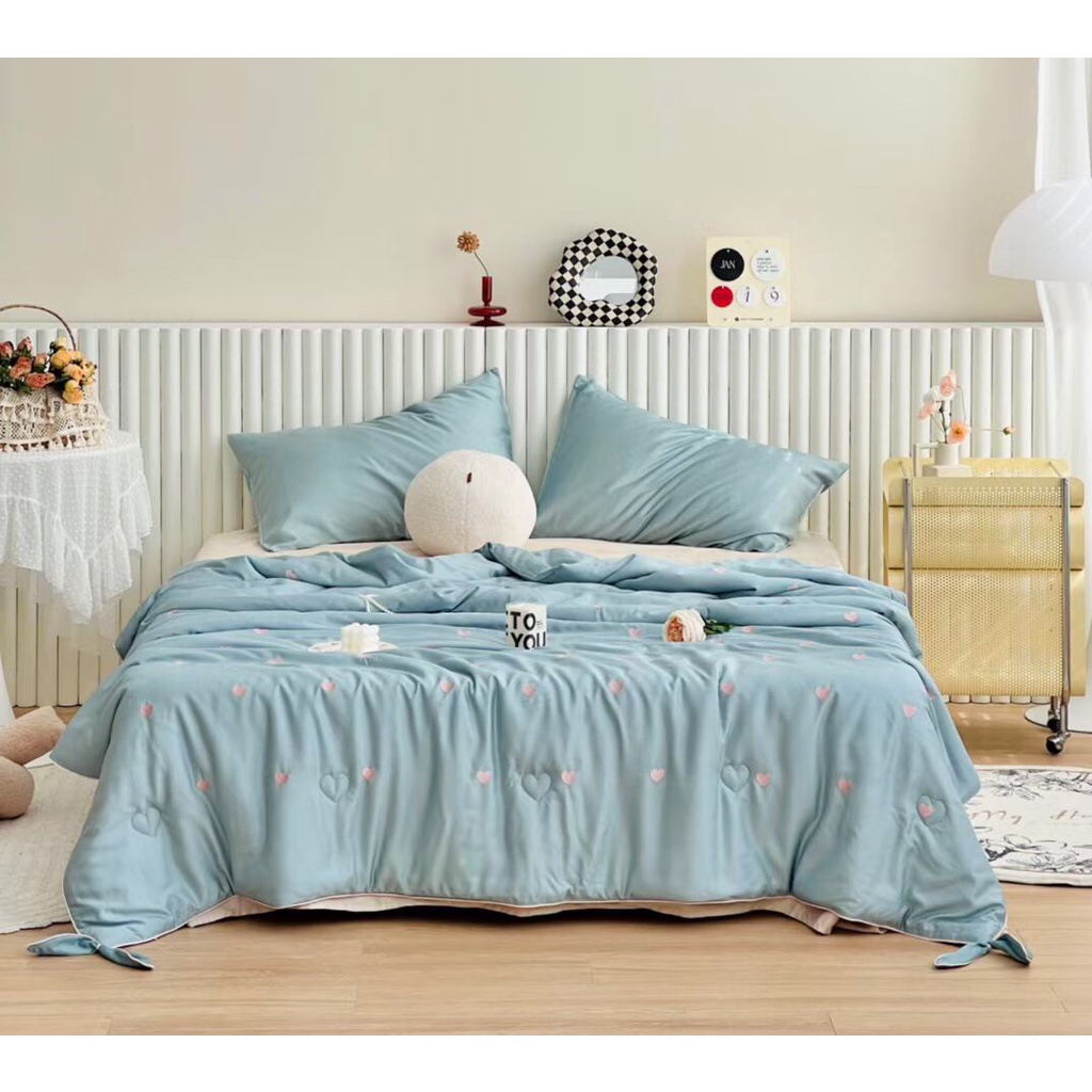 Chăn tencel thêu tim kèm nơ cao cấp, chăn đắp hè thêu tim tencel mềm mịn kích thước 2mx2m3