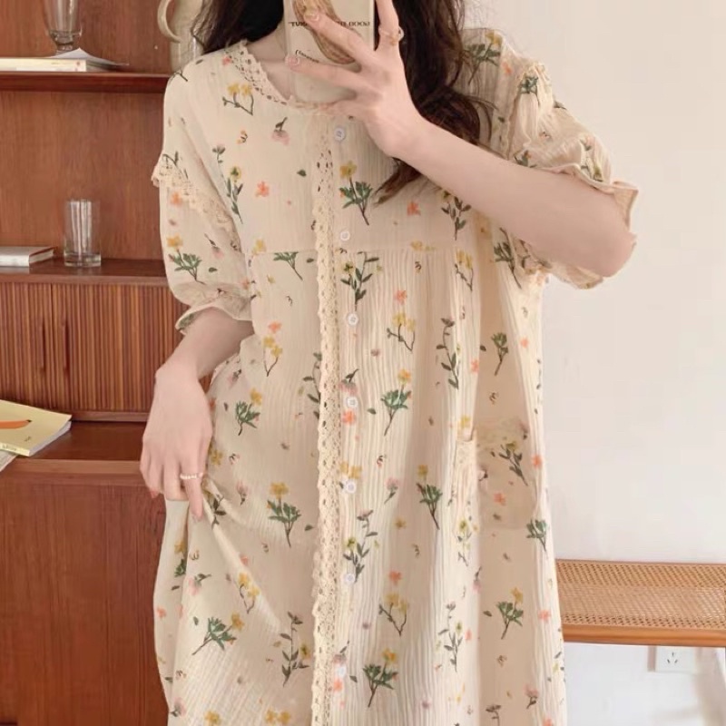 Váy ngủ ren vải xô muslin hoa vàng VN015