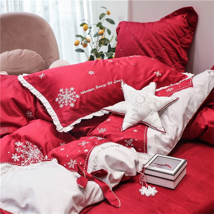 173220 Bộ chăn ga cưới cotton lụa thêu 6CT cao cấp hàng nhập