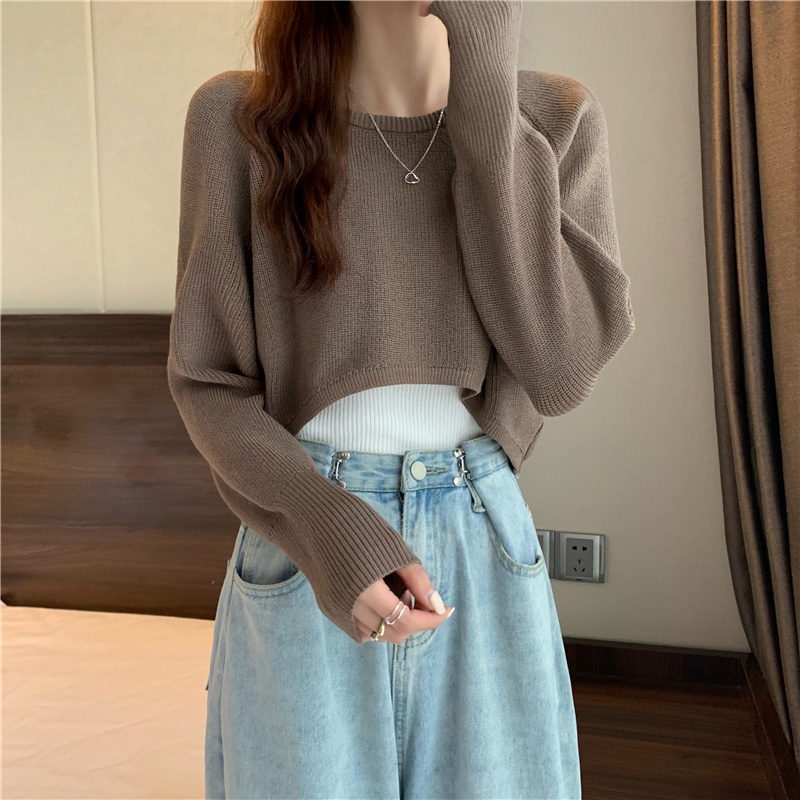 Xiaozhainv Áo Croptop Dệt Kim Tay Dài Thời Trang Mùa Thu Phong Cách Hàn Quốc Nhiều Màu Tùy Chọn Cho Nữ