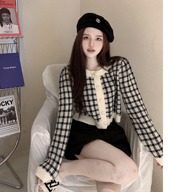 Áo Khoác Len Dệt Kim Họa Tiết Kẻ Ô Thời Trang Dành Cho Nữ