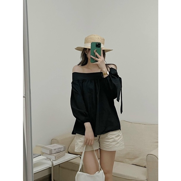 Áo sơ mi trễ vai dài tay buộc nơ chất đũi xước màu trắng, be, đen xinh xắn ulzzang hàn quốc M33