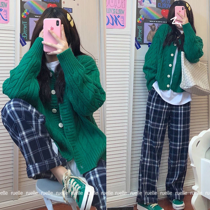 Áo Cardigan Dệt Kim Tay Dài Dáng Rộng Màu Xanh Lá Thiết Kế Mới Thời Trang Dành Cho Nữ