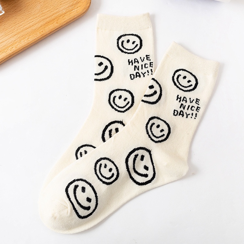 Vớ WAFNHA D198 vải cotton màu đen in hình mặt cười thời trang unisex
