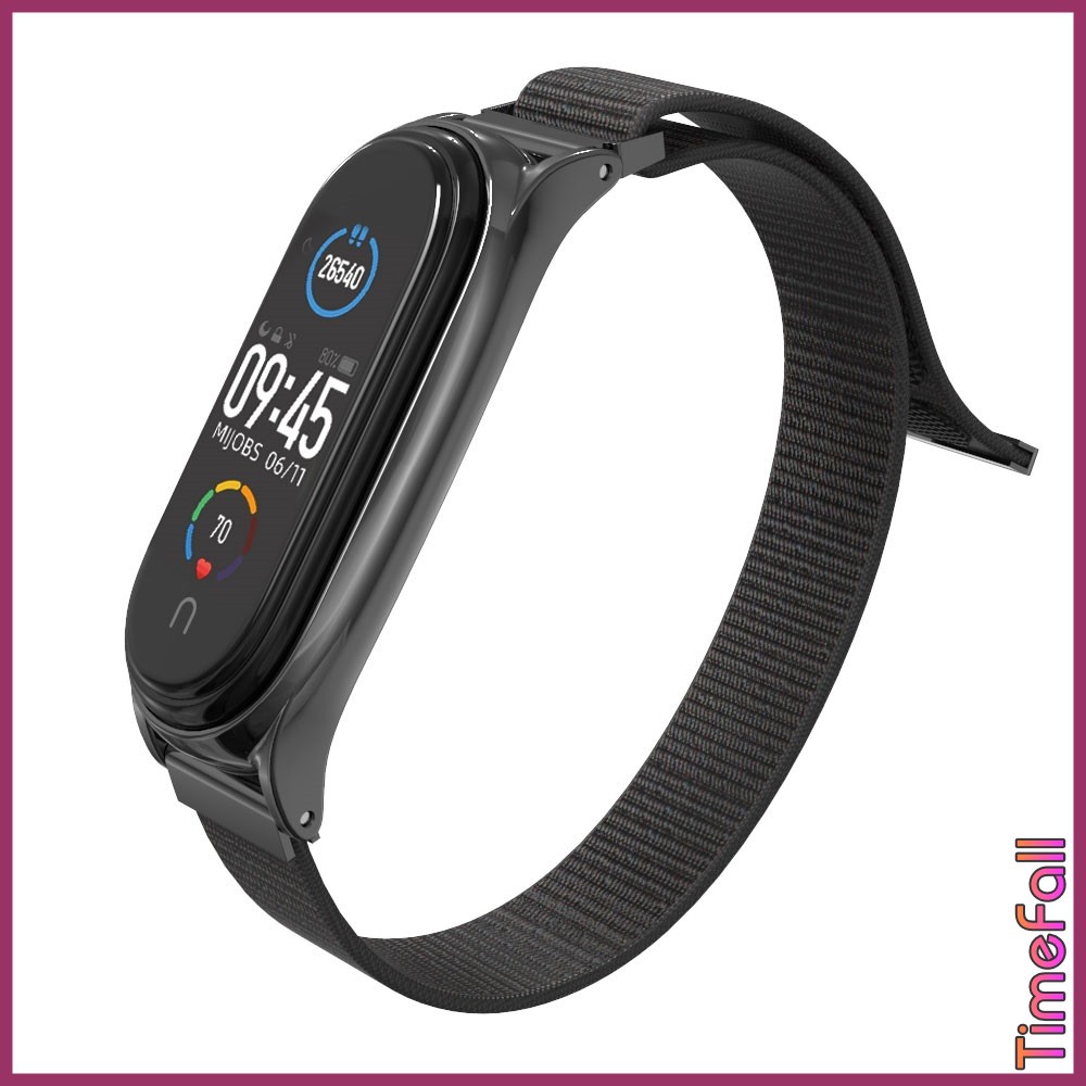 Dây đeo mi band 6, Mi band 5 nylon mặt kim loại viền cong PLUS MIJOBS, dây đeo thay thế miband 5, miband 6 nylon PLUS