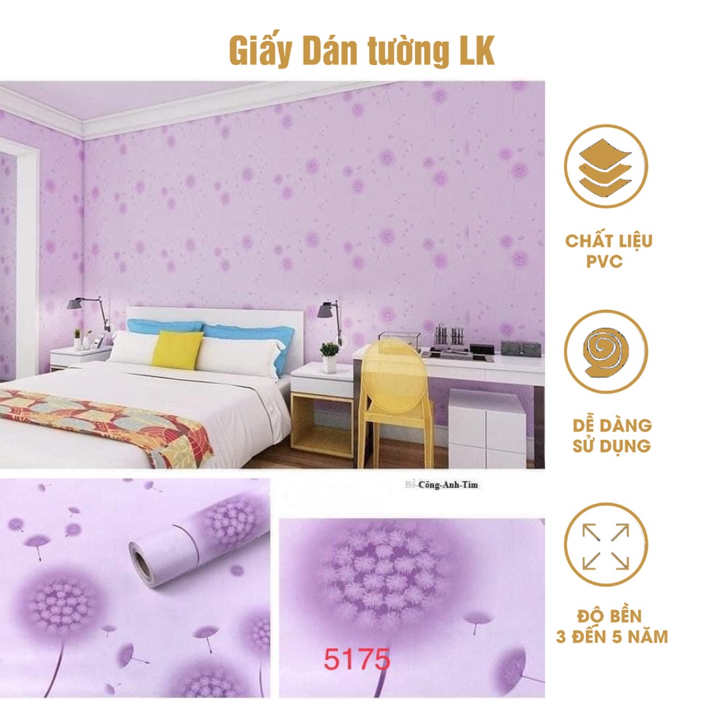 Giấy Dán Tường Chống Thấm Ẩm Mốc Chất Nhựa Tổng Hợp Cao Cấp Kích Thước 45cm x 10m Họa Tiết Hoa Bồ Công Anh Màu Tím Nhạt