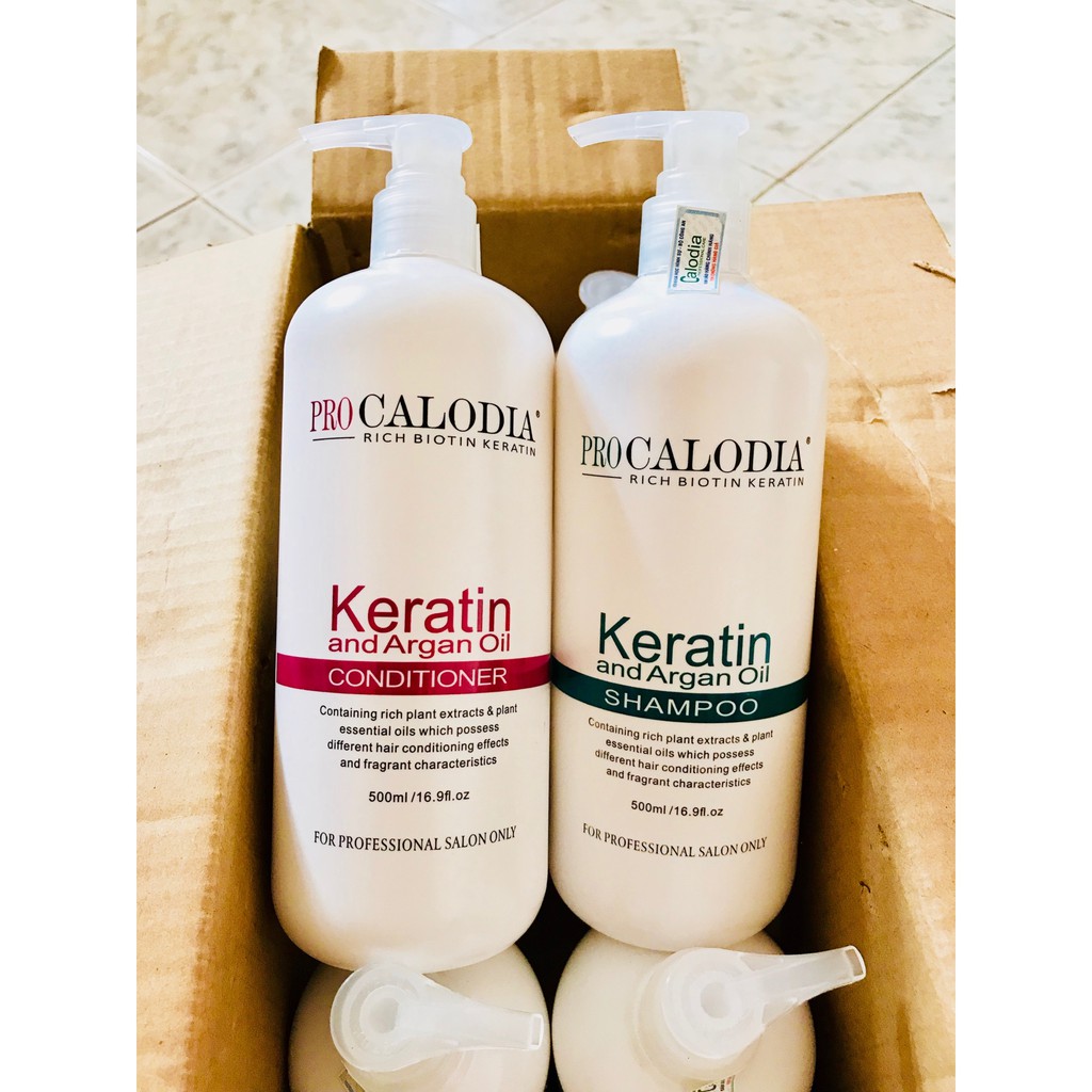 Cặp gội xả Keratin pro Calodia 500ml phục hồi tóc hư tổn