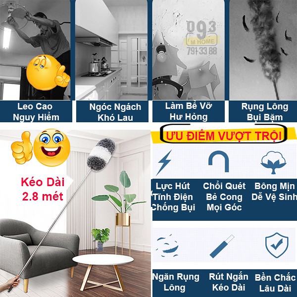 Combo Cây Lau Vệ Sinh Nhà Cửa Văn Phòng, Gậy Nối Dài 2.8 mét, Gồm 1 Bông Lau  360