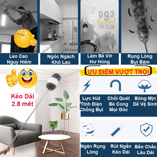 Combo Cây Lau Nối Dài Lau Kính, Chổi Lau Vệ Sinh Nhà Cửa Văn Phòng Dài 2.8 mét, Gồm  1 Bông Lau 360