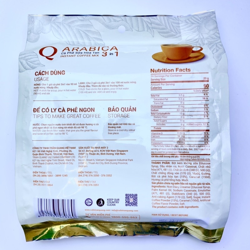 Cà phê hòa tan Arabica Trần Quang 500g (Bịch 24 góix20g) | BigBuy360 - bigbuy360.vn