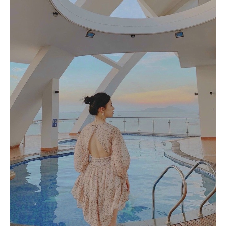 Đầm hoa cut out lưng tay dài 2 màu hoạ tiết nhẹ nhàng