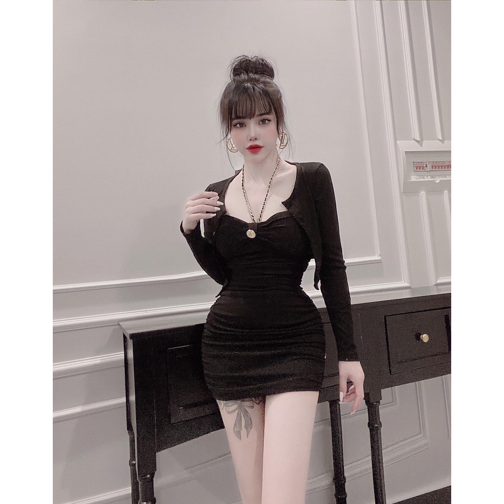 Đầm body dây xích nơ ngực có mút kèm áo khoác chất thun borip thích hợp mặc đi làm đi chơi phù hợp với mọi phong cách