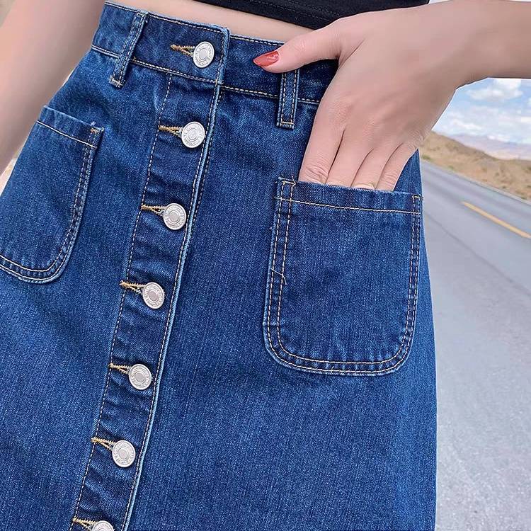 chân váy jean Chân Váy Denim Dáng Chữ a Lưng Cao Màu Xanh Dương Đậm Phong Cách Mới 2021 Thời Trang Mùa Hè Xinh Xắn Cho Nữ