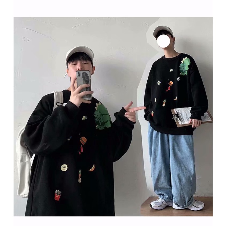 Áo sweatshirt mặc chui đầu dáng rộng size lớn M-5XL họa tiết khủng long hoạt hình phong cách Nhật Bản đi học thời trang