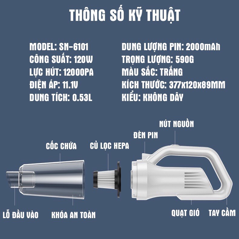 Máy Hút Bụi Không Dây Cầm Tay LT 106EG - Máy Hút Bụi Đa Năng Lực Hút Mạnh Công Suất Lớn 12000PA